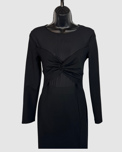 Celia Illusion Black Mesh Twist Front Long Sleeve Fitted Midi Dress