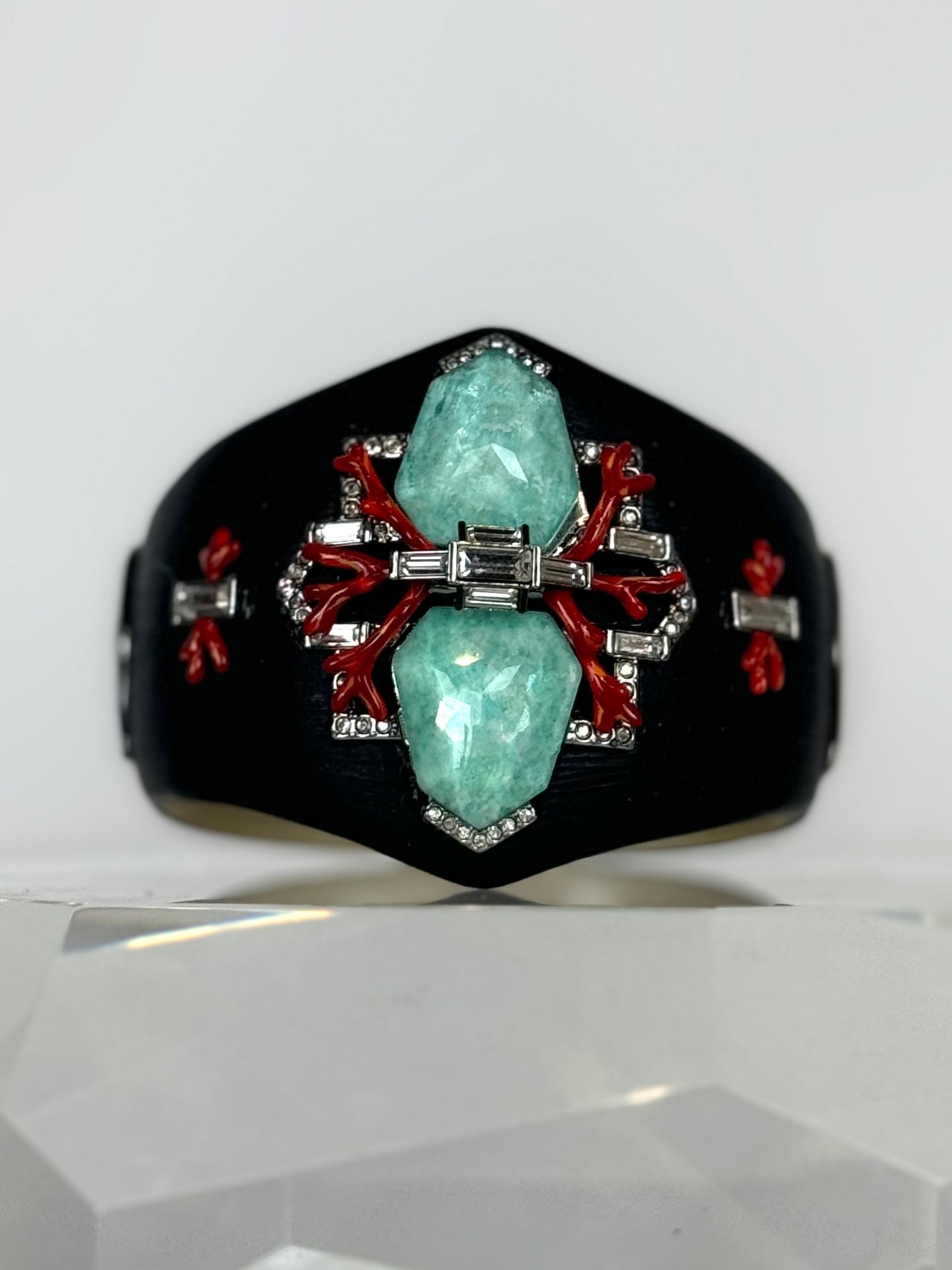 Alexis Bittar Black Matte Light Blue Red Crystal Cuff Bracelet (Matching Earrings)