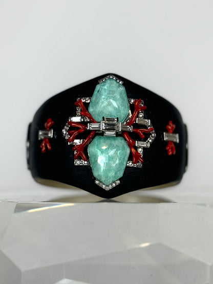 Alexis Bittar Black Matte Light Blue Red Crystal Cuff Bracelet (Matching Earrings)