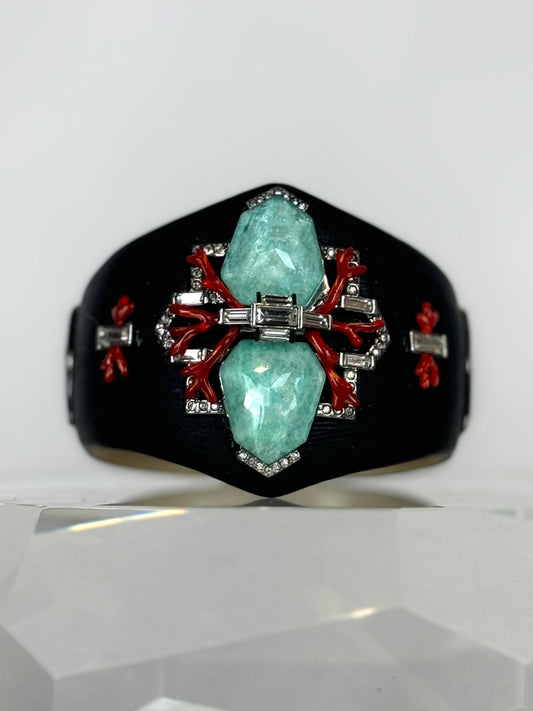 Alexis Bittar Black Matte Light Blue Red Crystal Cuff Bracelet (Matching Earrings)