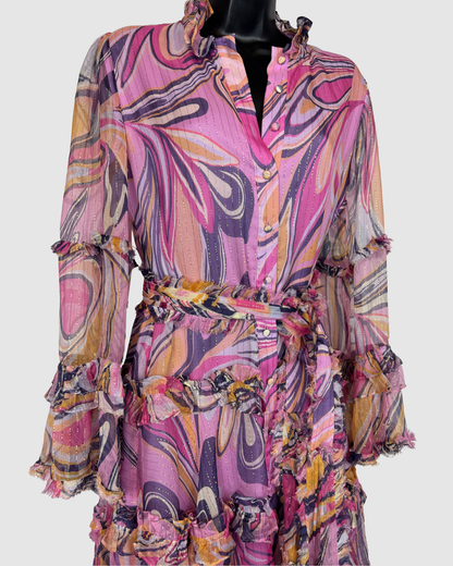 Alexis Pink Purple Disco Print Ruffle Button Long Bell Sleeve Knee-Length Dress w Belt