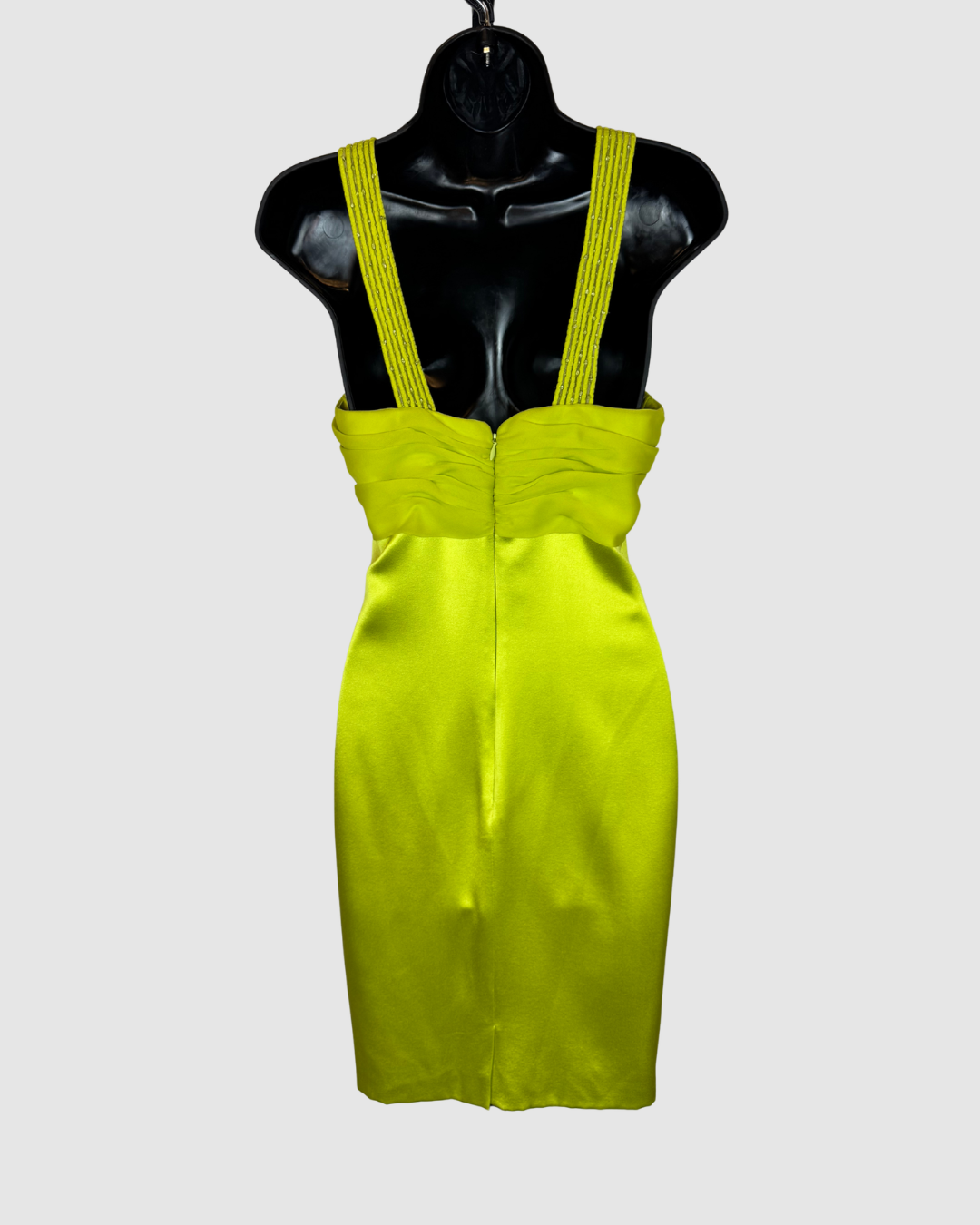 Pamela Roland Lime Green Silk Mini Dress w/ Beaded V-Neck