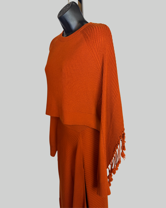 Jonathan Simkhai Wool Burnt Orange Ribbed Fringe Detail Cropped Sweater