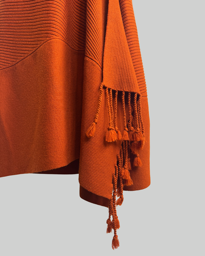 Jonathan Simkhai Wool Burnt Orange Mock Neck Ribbed Fringe Detail Slit Midi Skirt