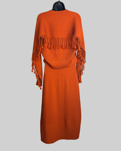 Jonathan Simkhai Wool Burnt Orange Mock Neck Ribbed Fringe Detail Slit Midi Skirt