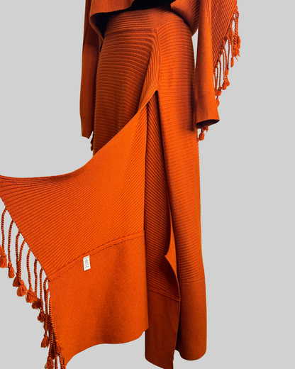 Jonathan Simkhai Wool Burnt Orange Mock Neck Ribbed Fringe Detail Slit Midi Skirt