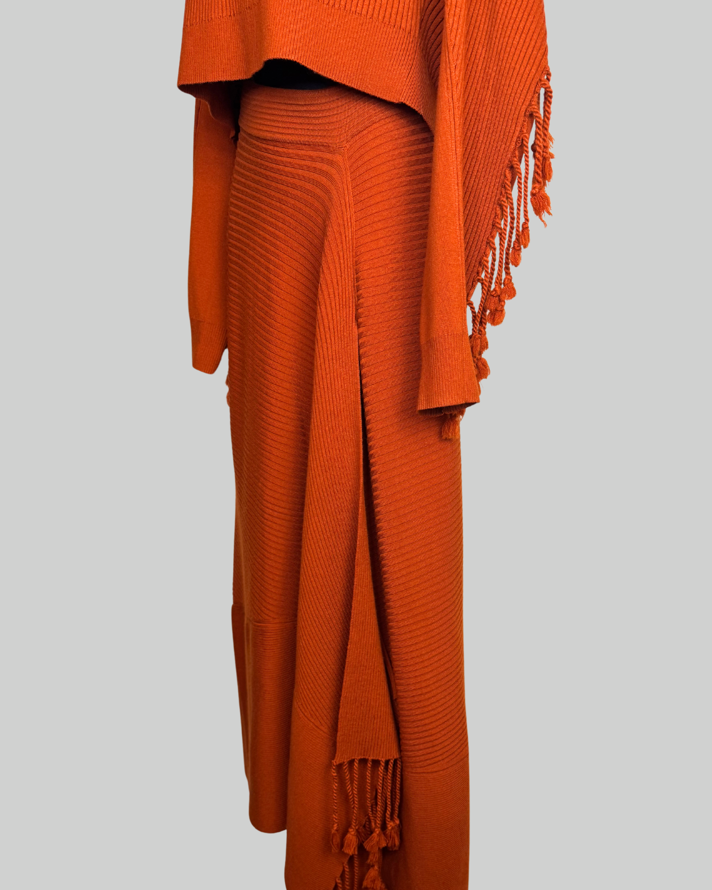 Jonathan Simkhai Wool Burnt Orange Mock Neck Ribbed Fringe Detail Slit Midi Skirt