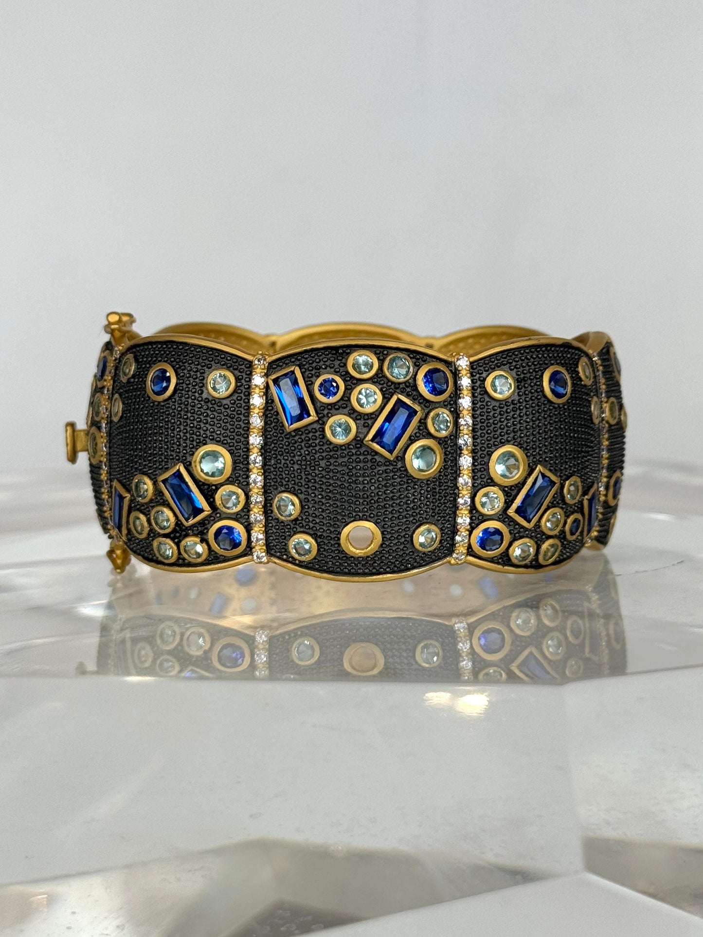 Freida Rothman Gold Dark Metal Sapphire Diamond Cuff Bracelet