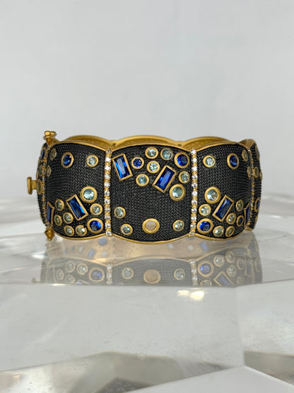 Freida Rothman Gold Dark Metal Sapphire Diamond Cuff Bracelet