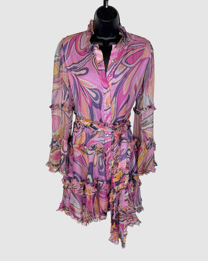 Alexis Pink Purple Disco Print Ruffle Button Long Bell Sleeve Knee-Length Dress w Belt