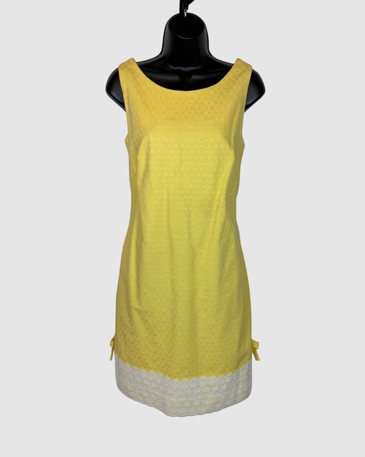 Lilly Pulitzer Yellow Floral Embossed Sleeveless Knee-Length Dress w White Lace