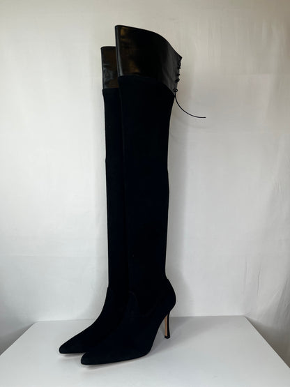 Manolo Blahnik Black Suede Pointed Toe Over the Knee Boots