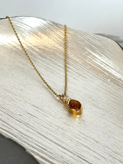 14K Gold Citrine Oval w Diamond Necklace