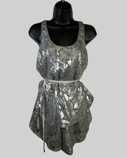 Etcetera Silk Grey & Silver Sleeveless Blouse w/ Waist Tie
