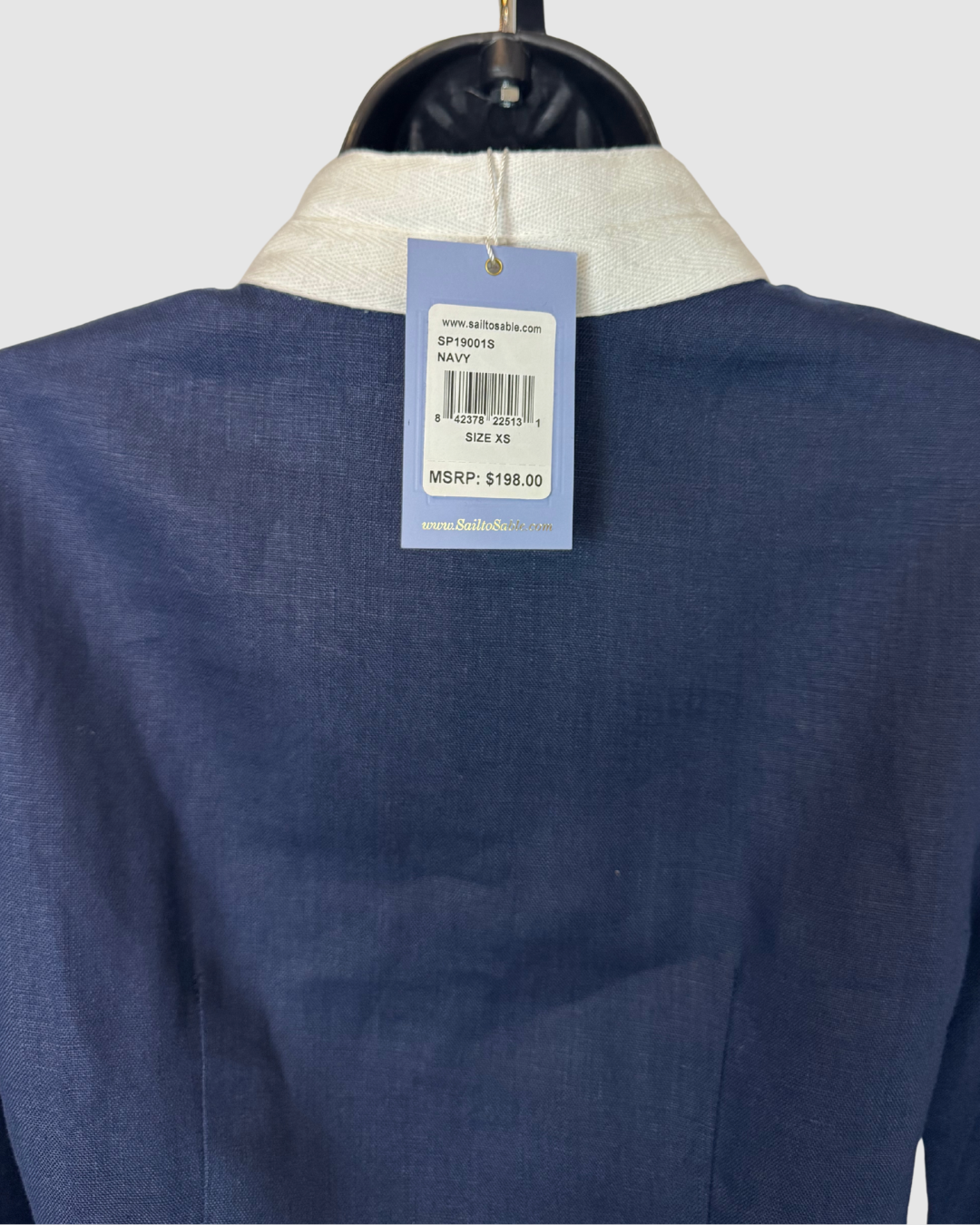 Sail to Sable Linen Navy w White Trim V-Neck Long Sleeve Knee-Length Dress NWT