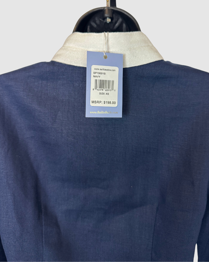 Sail to Sable Linen Navy w White Trim V-Neck Long Sleeve Knee-Length Dress NWT