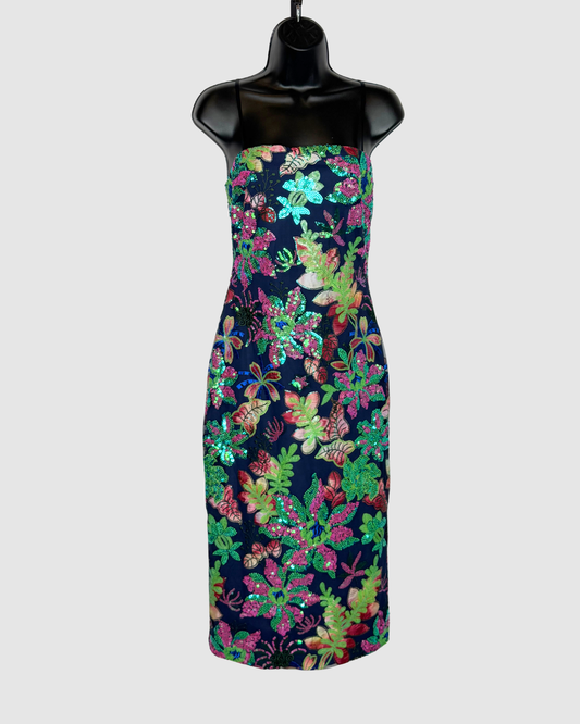 Ramy Brook Navy Mesh w/ Embroidered & Sequin Floral Print Spaghetti Strap Midi Dress NWT