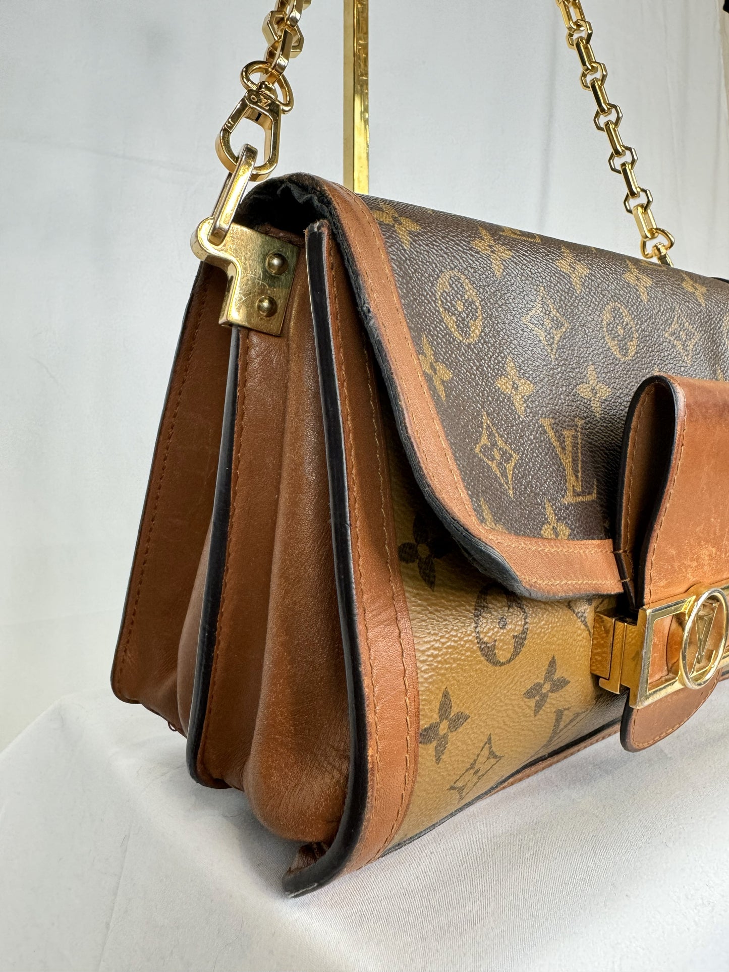 W BOX-Louis Vuitton "Dauphine" 2 Tone Monogram Bag w Gold Chain