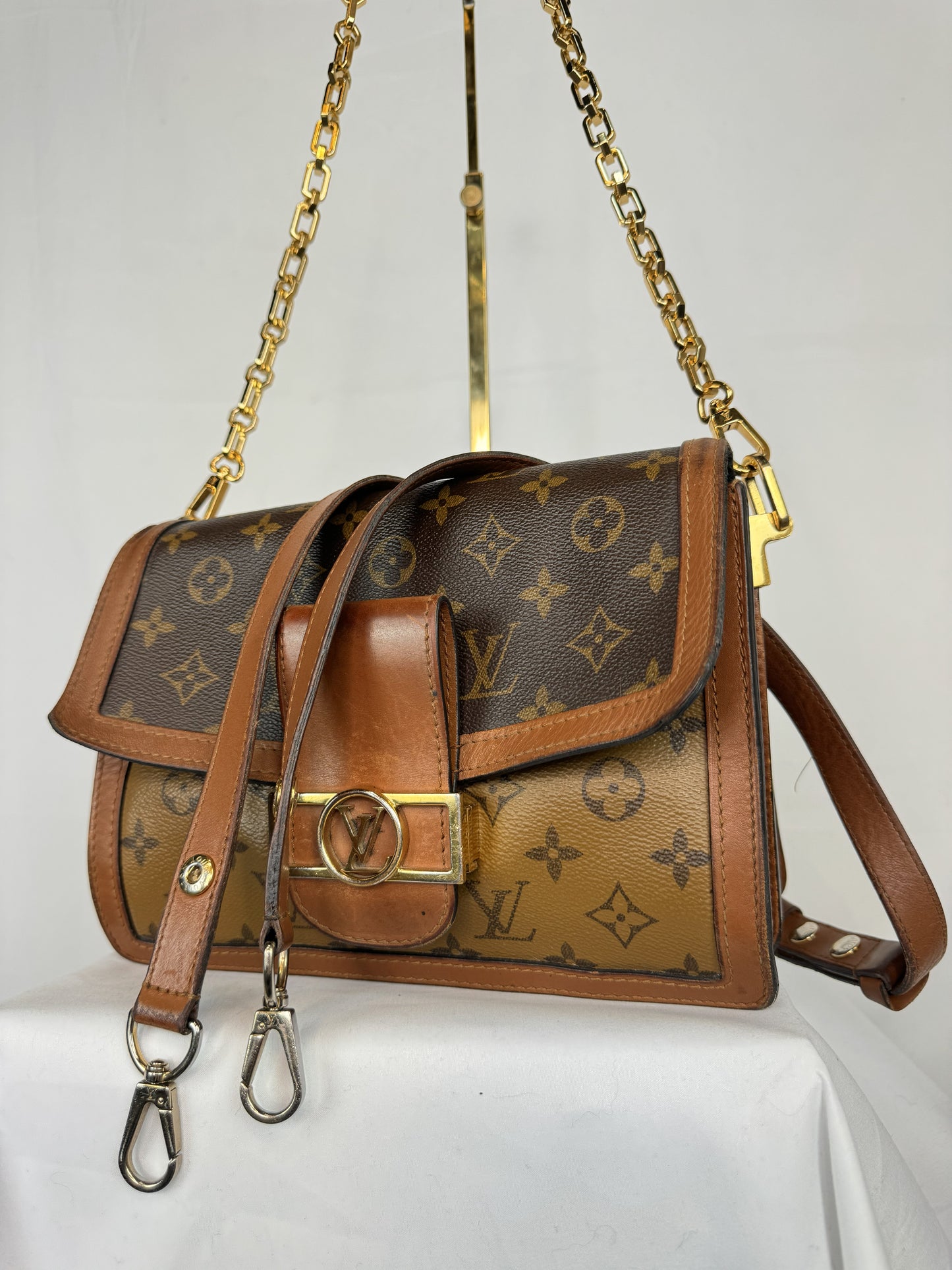 W BOX-Louis Vuitton "Dauphine" 2 Tone Monogram Bag w Gold Chain