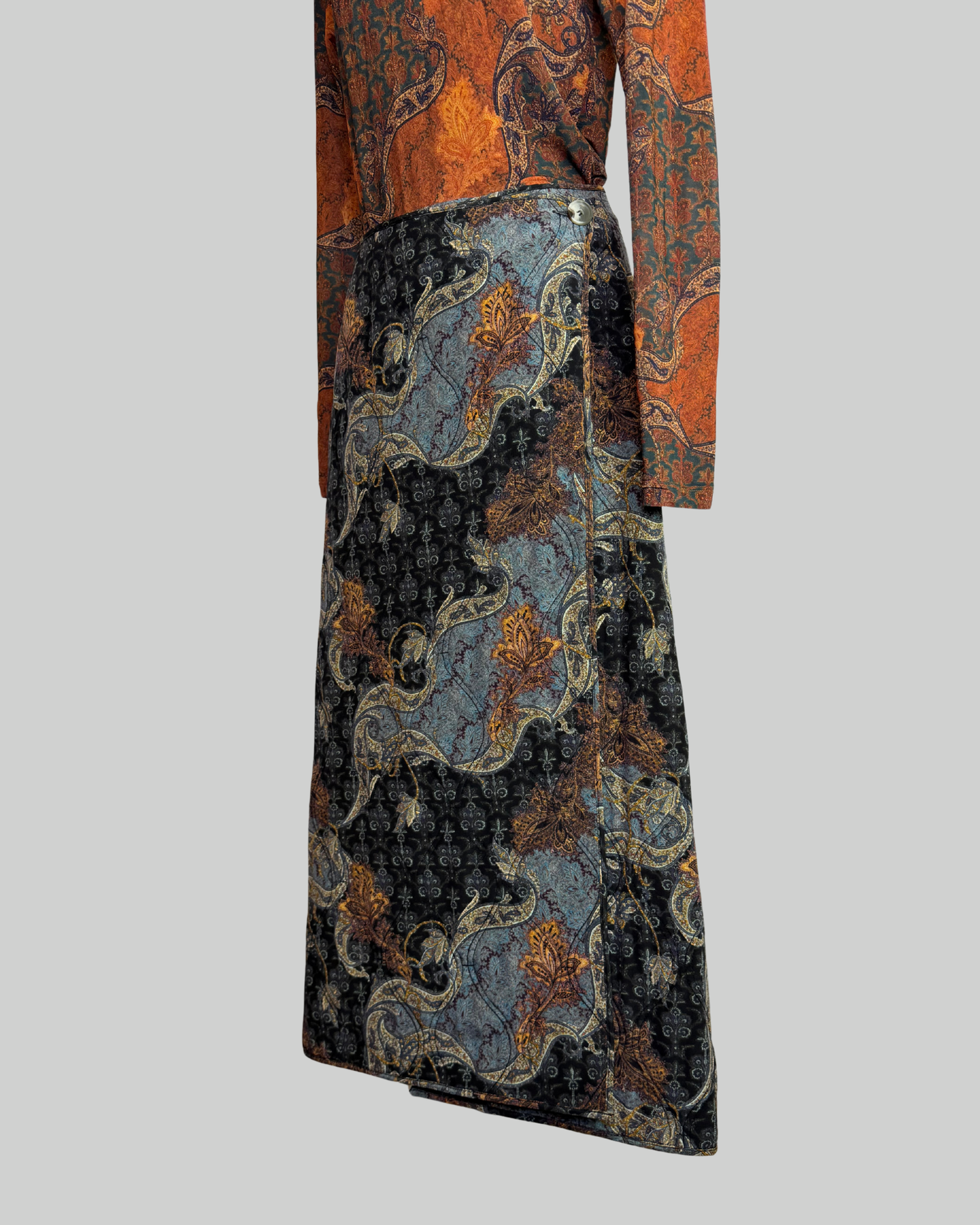 Ulla Johnson Blue Orange Brocade "Quilt" Button Wrap Midi Skirt