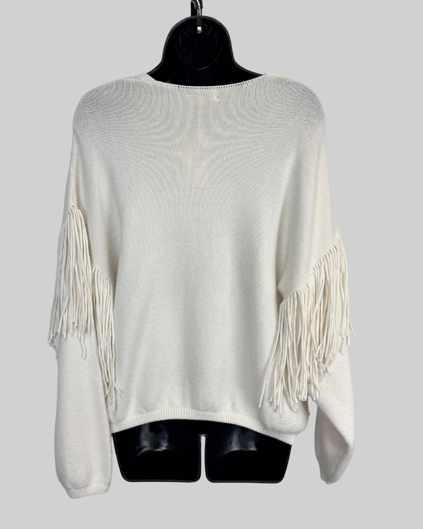 Motel White Knit U-Neck Fringe Detail Long Sleeve Sweater