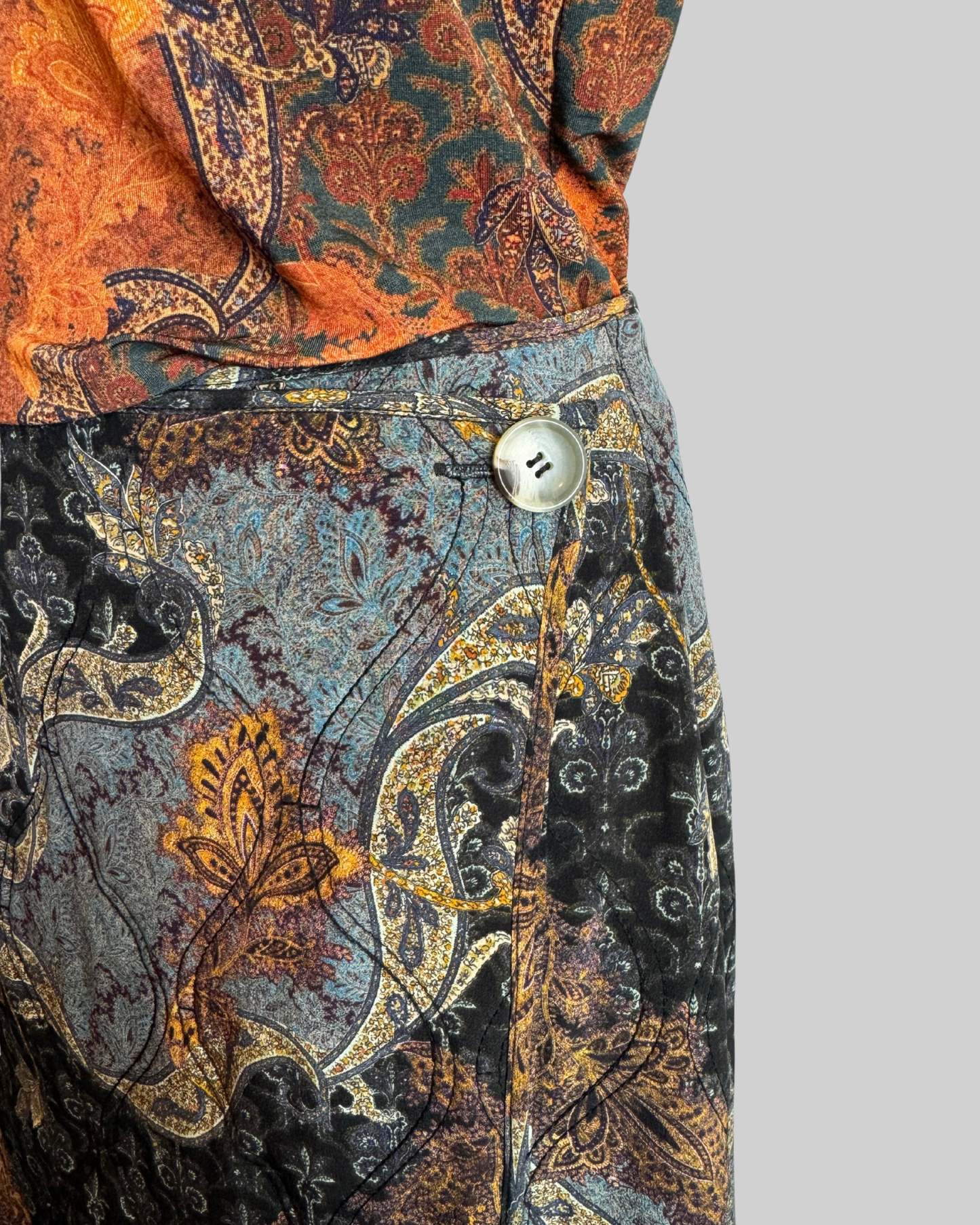 Ulla Johnson Blue Orange Brocade "Quilt" Button Wrap Midi Skirt