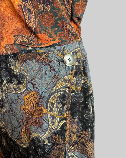 Ulla Johnson Blue Orange Brocade "Quilt" Button Wrap Midi Skirt