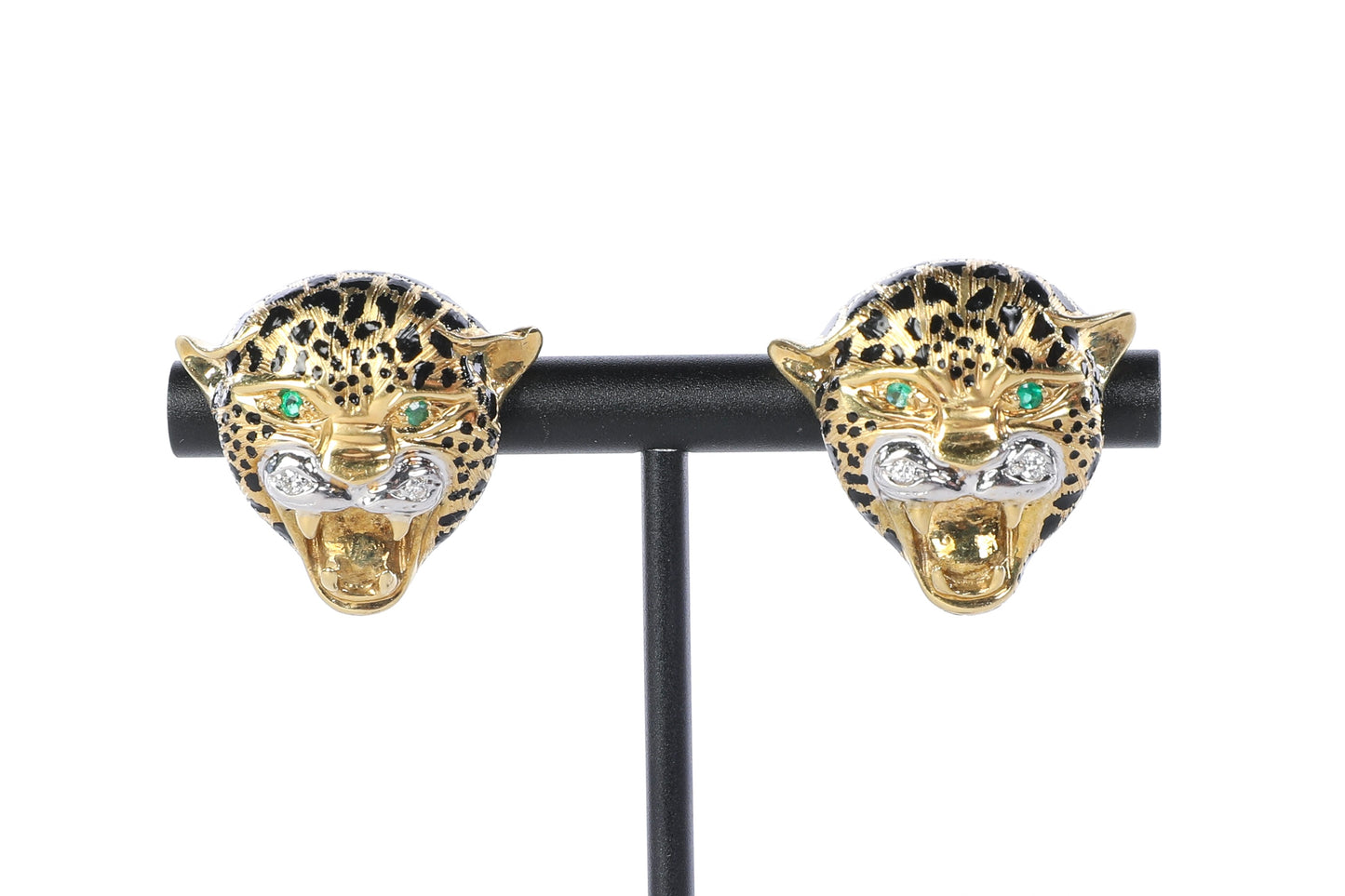 18K Yellow Gold Leopard Head Earrings with Pave Diamond Accents & Emerald Eyes