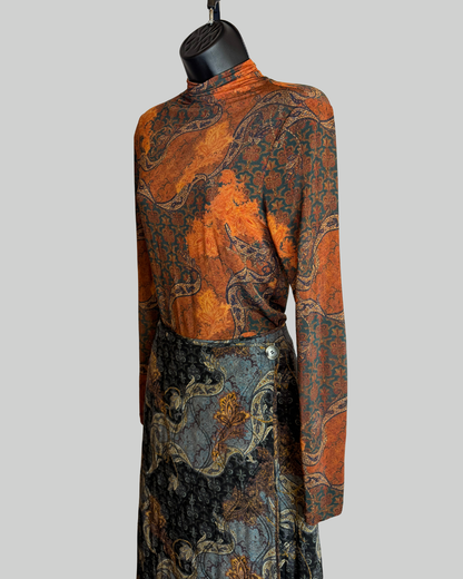 Ulla Johnson Blue Orange Brocade "Quilt" Button Wrap Midi Skirt