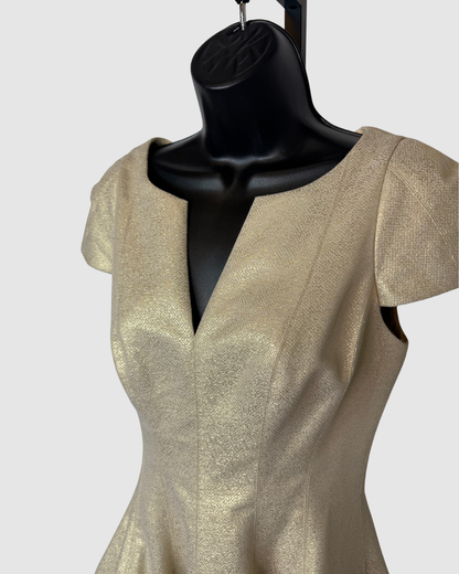 Halston Gold Sparkle V-Neck Cap Sleeve Fit & Flare Mini Dress