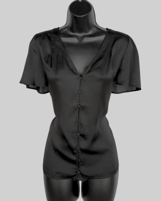Paige Satin Black Short Flutter Sleeve Button Up Top
