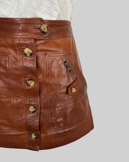 Veronica Beard Leather Dark Brown Zip Middle Button Up Mini Skirt