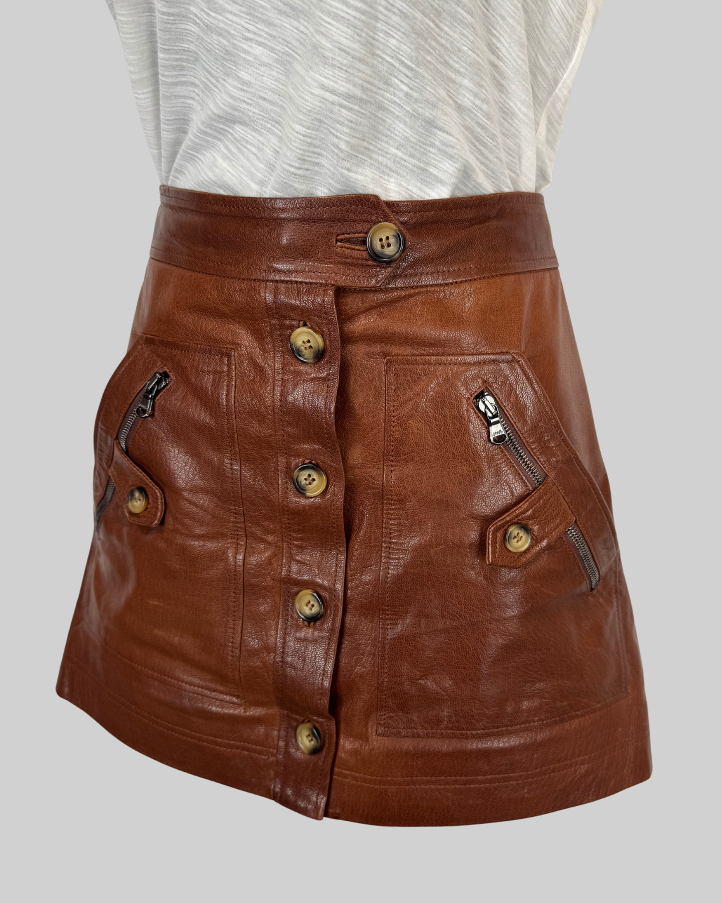 Veronica Beard Leather Dark Brown Zip Middle Button Up Mini Skirt