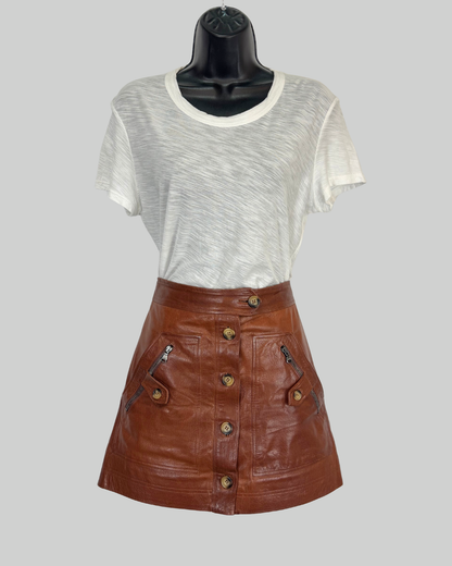 Veronica Beard Leather Dark Brown Zip Middle Button Up Mini Skirt