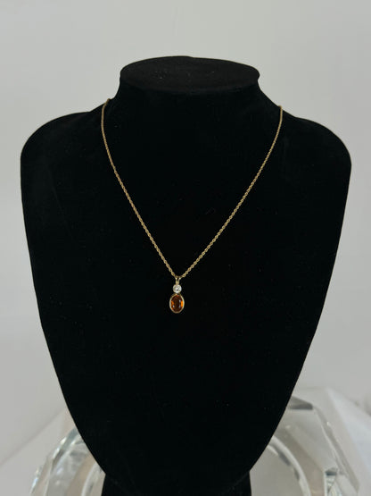 14K Gold Citrine Oval w Diamond Necklace