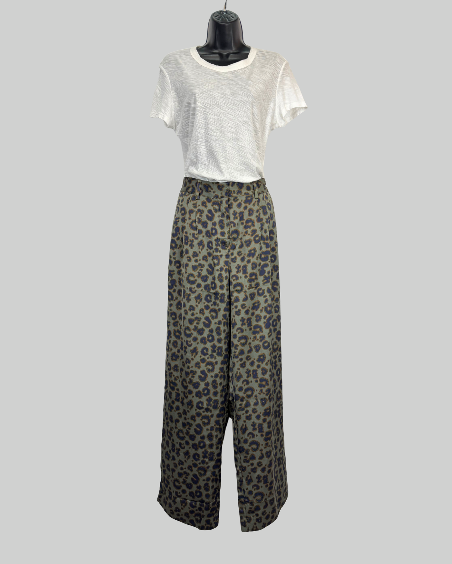 Ba&sh Green/Grey Leopard Print Wide Leg Pants