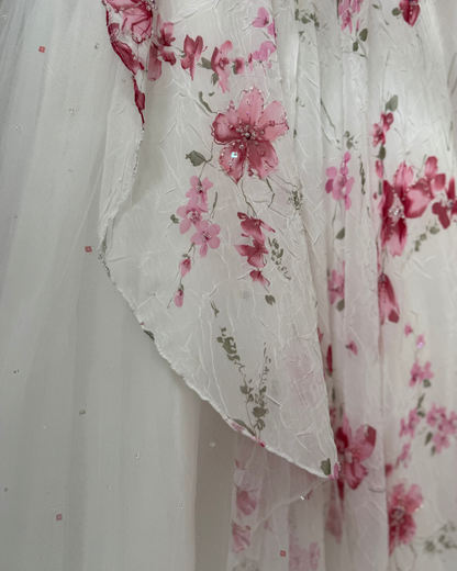 Mori Lee White w Pink Floral Beaded & Sequin Strapless Fitted & Flare Tulle Gown