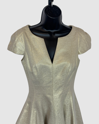 Halston Gold Sparkle V-Neck Cap Sleeve Fit & Flare Mini Dress