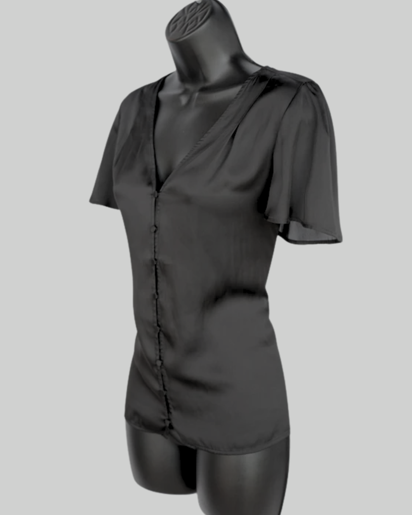 Paige Satin Black Short Flutter Sleeve Button Up Top