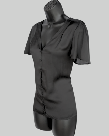 Paige Satin Black Short Flutter Sleeve Button Up Top