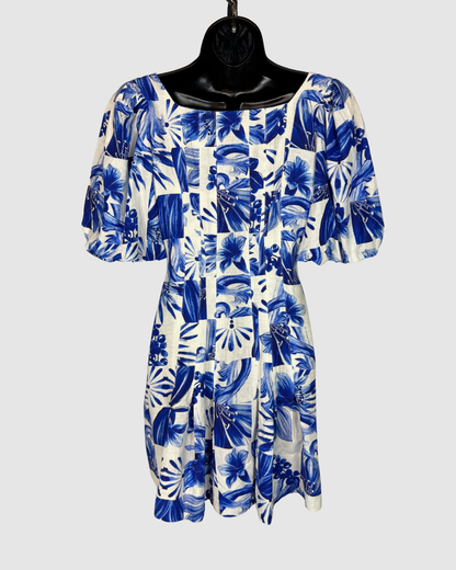 Farm Rio Blue White Floral Short Puff Sleeve Button Mini Dress