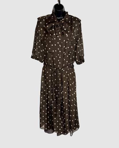 Carolina Herrera Silk Brown w/ White Polka Dot 1/2 Sleeve Midi Button Down Dress