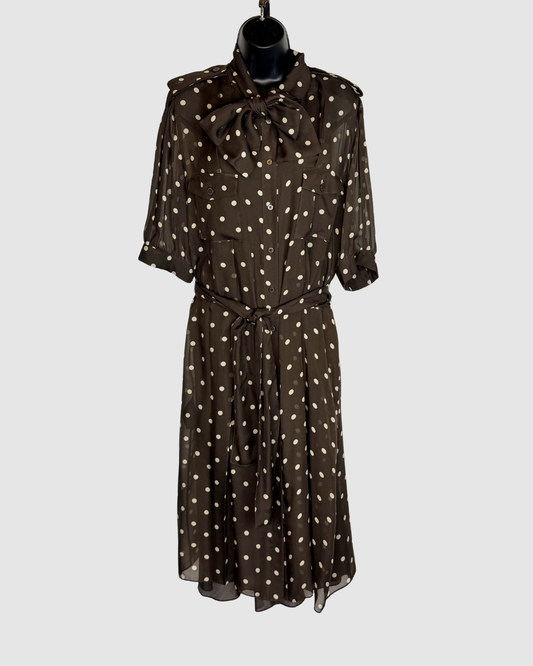 Carolina Herrera Silk Brown w/ White Polka Dot 1/2 Sleeve Midi Button Down Dress