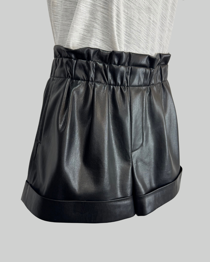 Alice + Olivia Black Faux Leather Cinched Waist Shorts