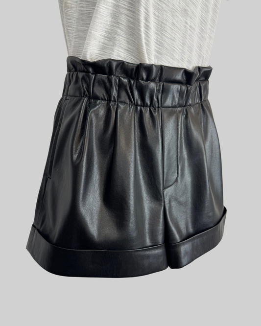 Alice + Olivia Black Faux Leather Cinched Waist Shorts