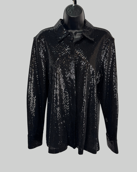 Elie Tahari Black Sequin Button Down Long Sleeve Blouse NWT