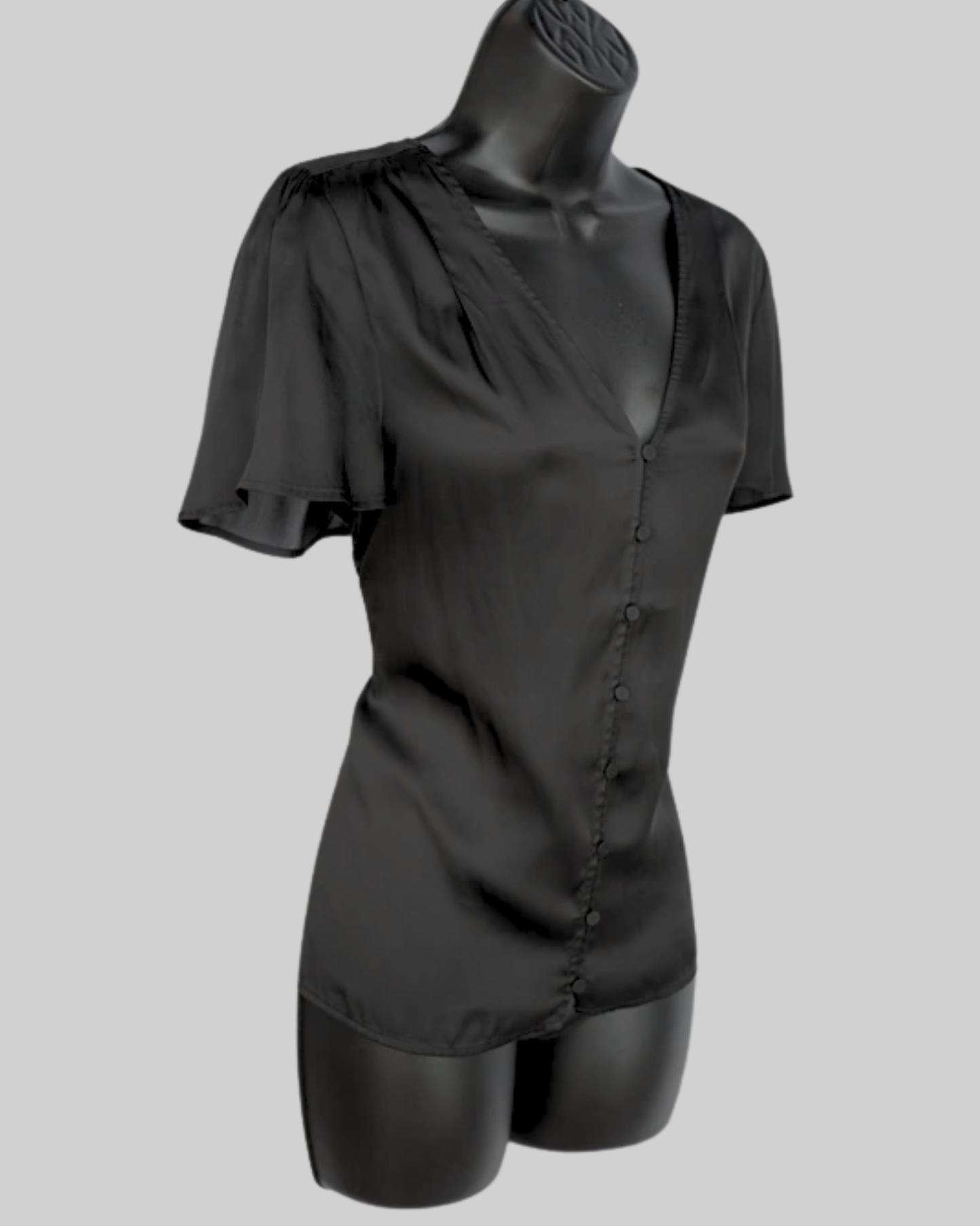 Paige Satin Black Short Flutter Sleeve Button Up Top