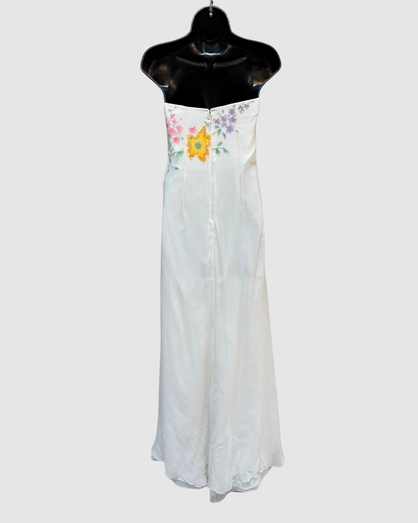 White Satin & Chiffon Strapless Sequin Bead Multi Floral Gown