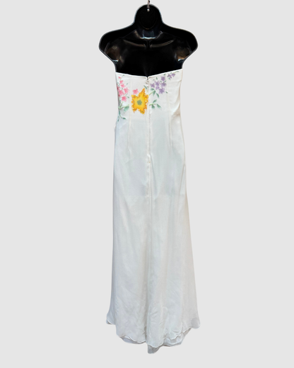 White Satin & Chiffon Strapless Sequin Bead Multi Floral Gown