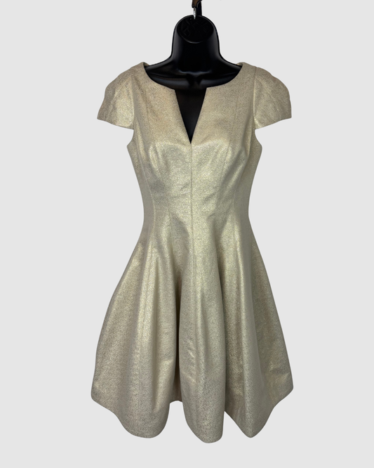 Halston Gold Sparkle V-Neck Cap Sleeve Fit & Flare Mini Dress